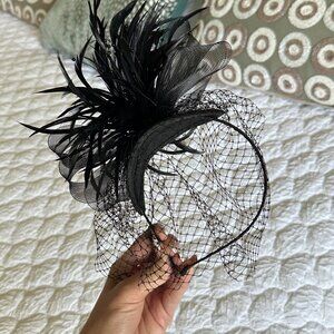 Black Headband with Feather and Ribbon Mesh Hat